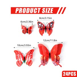 24PCS 3D Butterfly Wall Sticker Double Layer Butterflies Wall Art Stickers Girls Bedroom Decorations Butterfly Wall Decals DIY Art Crafts for Home Garden Classroom Party Decor (Red)