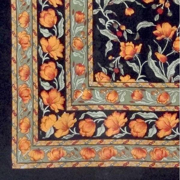 India Arts Unique Handmade 100% Cotton French Floral Tablecloth 60x60 Square Black & Amber