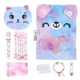 Qiuruoo Cat Diary with Lock for girls,6 7 8 Year Old Girl Birthday Gifts,Cute Journal with Lock,Includes Hardcover Fluffy Locking Notebook,Multicolored Pens,Diamond Stickers and Gift Box(Purple)