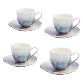 Agyiuns tea cup set ceramic tea cups and saucers set of 4 for Coffee, Cappuccino, Latte,Cafe Mocha, Americano and Tea Porcelain Mugs 6.7 Ounce for Kitchen or Cafe(Purple)