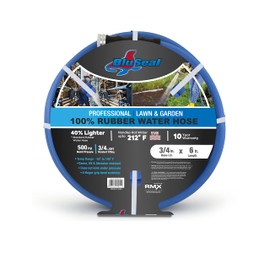 BluSeal Hot/Cold Water Rubber Garden Hose, 100% Rubber, Ultra-Light, Super Strong, 500 PSI, 50F to 190F Degrees, High Strength Polyester Braided (3/4" x 6')