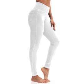 VOOVEEYA Leggings for Women High Waist, Yoga Pants with Pockets Tummy Control Workout Pants Stretchy Jeggings（White L）