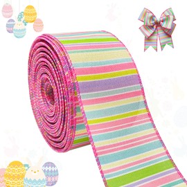 Wired Easter Ribbon 2.5 Inch x 20 Yards,Colorful Canvas Fine Stripes, Sewn Edges Craft,for Spring Wreaths, Gift Bows and DIY Crafts
