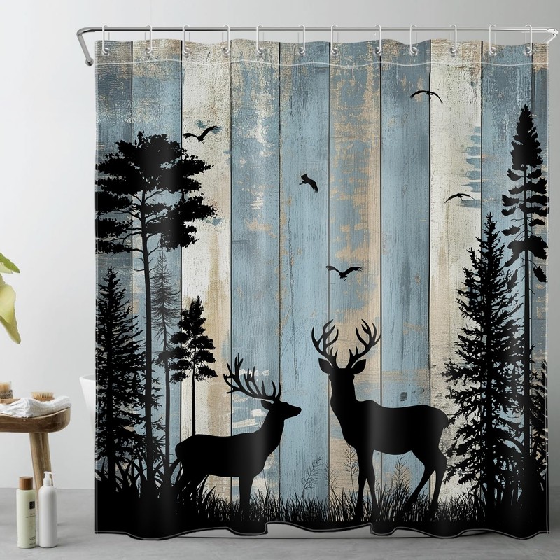 MYUSRE Rustic Cabin Deer Shower Curtain Set with Bathroom Rugs,