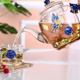 XUDREZ Teabloom Teapot, Glass Blooming Tea Teapot for Women Blue Rose Floral Glass Teablooms Teapot with Gold for Mom Friends Christmas Birthday Anniversary, 2.44*4.72in (10.15oz/300ml Blue)