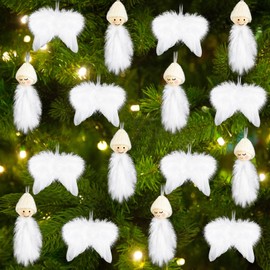 Giugio White Christmas Tree Decorations, Pack of 16 Christmas Tree Decorations, Angel Wings and Gnome Pendant Set, Fantasy Angel Wings Decoration for Christmas Party Decoration, Wedding Decoration,
