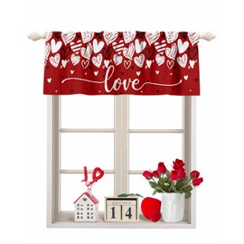 YOKOU Valentine's Day Curtain Valance, Red Short Rod Pocket Window Treatment for Living Room, Bedroom, Kitchen, Bathroom, 1 Panel, 54" X 18" Black Love Heart Hand-Drawn