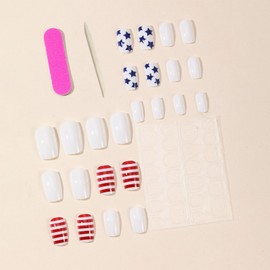 24Pcs Independence Day Press On Nails Medium Fake Nails Blue Five-Pointed Star Glossy Designs White Natural Full Cover Stick on Nails Patriotic Square Acrylic Nails for Women Girls Manicure Decoration