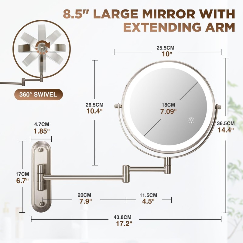 30X Wall Mounted Makeup Mirror with Lights,3 Color Modes Dimmable