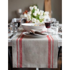 Solino Home Stripe Linen Table Runner 108 inches Long – 100% Pure Linen Red and Natural Table Runner 14 x 108 Inch – French Stripe, Machine Washable Farmhouse Christmas, Winter, Holiday Table Runner