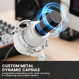 BASN USB/XLR Dynamic Microphone for Podcasting, Live Streaming, Gaming Recording with RGB Mute Button, Headphone Monitoring and MIC Stand (White) SL2000