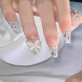 HAPVITAL 24-Piece Set, Popular, 3D False Nails, Press-On, Handmade, Japanese Style, Bride's Nails, Glossy, Long, Wedding, Cute, Double-Sided Tape, Butterfly, 3D Dimension, Reusable, Popular Design