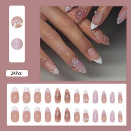 24 Pcs Almond Press on Nails Medium Length Fake Nails with Glue French Tip False Nails with 3D Flower Butterfly Design Stiletto Nail Tips Acrylic Nail Press ons Fall Artificial Glue on Nails for Women