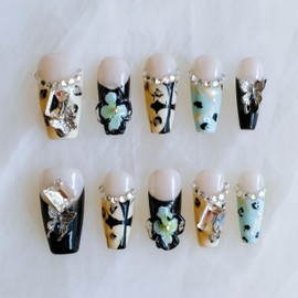 GLORS Press On Nails, Long Ballerina Style with 3D Flowers and Crystals, Black and Yellow Design, Handmade False Nail 10 Pieces (Large,LB)
