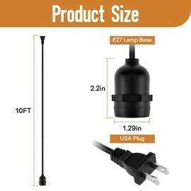 10FT E26/E27 Waterproof Pendant Lamp Cord with Ceiling Hooks & Cable Hooks
