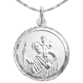 CLEVER SCHMUCK Silver Christopher Pendant 16 mm Matte Edge Diamond-Coated Back Gott schütze Dich and Curb Chain 45 cm Sterling Silver 925, Diamond