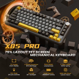 ATTACK SHARK X85 Pro Wireless Gaming Keyboard,Hot Swappable,Tri-Mode(BT 5.1/2.4Ghz/Type-C),Gasket, TFT Display & Knob,75% Layout,PBT Keycaps,QMK Custom for PC/MAC-Black/Linear Blueberry Switch