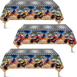Mifoci 3 Pieces Monster Truck Birthday Party Tablecloths Monster Machine Table Covers Large Plastic Disposable 108 x 54 Inches for Truck Theme Kid's Boys Birthday Shower Party Supplies