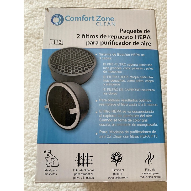 Comfort Zone Clean HEPA Filter CZAPH132 w/Charcoal Pre-Filter Removes Smoke