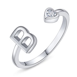 PEARLOVE 925 Sterling Silver Initial Rings for Women Girls A-Z Stackable Adjustable Silver Ring Jewelry Gifts