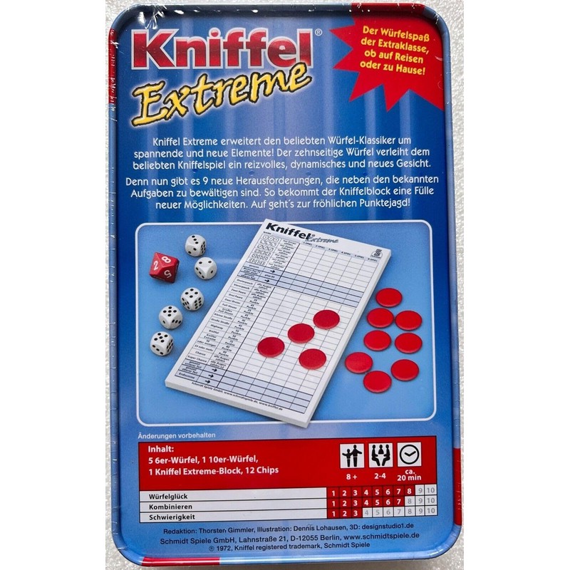 Schmidt Spiele 51296 Kniffel Extreme Travel Game in Metal Tin