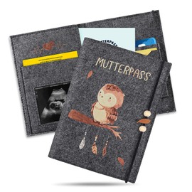 Maternity Log Cover Made of Felt, Boho Style Owl, Suitable for the German Maternity Log, with Compartments for Ultrasound Picture, Insurance Card, Vaccination Certificate etc.