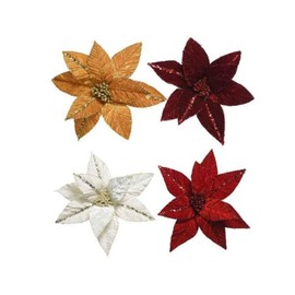 KAE Decorative Christmas Poinsettia Flower Glitter Tree Decoration/Ornament - Clip On (4 x COLOUR Mix 32cm)