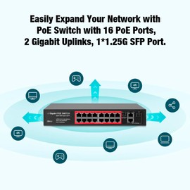 Fuers 16 Port PoE Switch Ethernet Unmanaged 16 PoE+ Port @240W w/ 2 Gigabit Uplinks + 1 SFP Slots PoE Auto Recovery QoS, Vlan, IGMP & LAG, Fanless Sturdy Metal ,Plug and Play, Desktop or Wall Mount