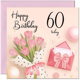60th Birthday Card for Women - Ladies Pink Flowers Birthday Cards for year 60 old woman Sixty Sixtieth Daughter Friend Niece Granddaughter Wife Girlfriend Girls Mum Aunt for her