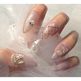 [In-store special discount] Light pink gold point quilting handmade nail tip - short nose pin / [입점초특가할인]연핑크 골드포인트 퀄팅 수제네일팁 - 숏코핀