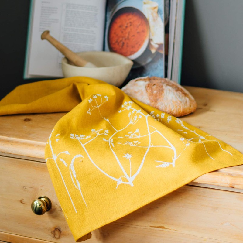 Mustard Linen Tea Towel, hand printed with hedgerow flowers. This