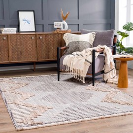 Hauteloom Maulawin Farmhouse Living Room Bedroom Southwestern Tribal Area Rug - Soft Shaggy High Low Carpet - High Pile - Bohemian, Boho - Gray, Brown, Beige, Cream - 5'3" x 7'