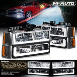 M-AUTO 8PCS Left and Right LED Running Light Headlights Assembly Factory Style Compatible with 94-99 GMC C/K 1500 2500 3500 Suburban, Black Housing Amber Corner Headlamps