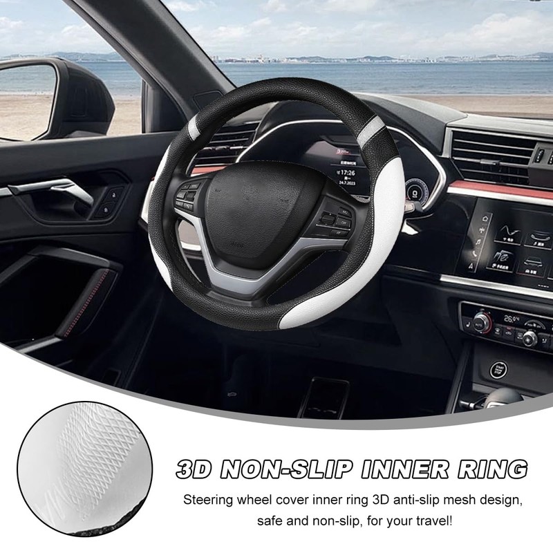 MUQIDA Car Steering Wheel Cover, 15 Inch Premium Leather Breathable