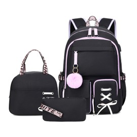 Backpack for Girls Women College Laptop Backpacks Girl Cute School Bag Set with Lunch Box Kids Bookbag with USB Charging Port College Middle High School Backpack for Teen Girls Travel Daypack (Black)