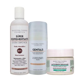 Nuestra Tierra Cosmetica Kit Despigmentante Facial y Corporal, Loción 20% Ácido Mandélico 125ml, Crema Genitals 100ml, Mascarilla Lacto Renew 100ml