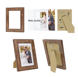 Hongkee 5x7 Picture Frame Set of 4, Made of Real Glass and Rustic Brown Wooden Frame, 5 by 7 Photo for Wall or Tabletop - Display Picture 4x6 with Mat or 5x7 Without Mat