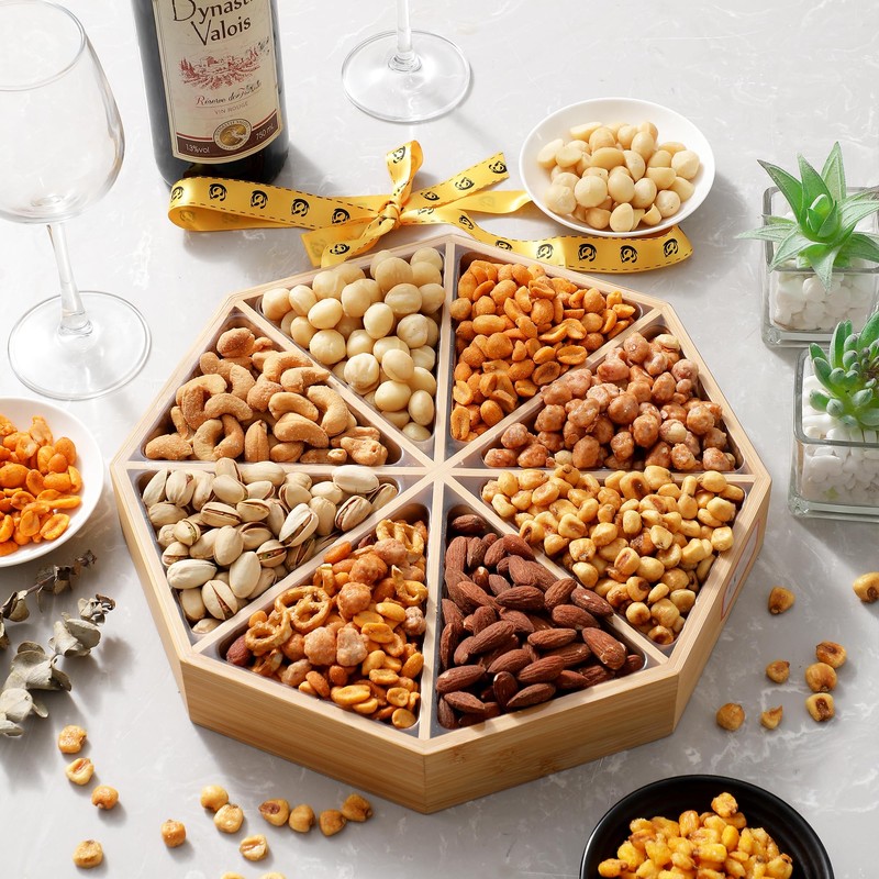 Gourmet Mixed Nuts Gift Basket in Sleek Bamboo Wood Reusable