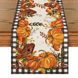 Artoid Mode Buffalo Plaid Pumpkins Mushrooms Birdhouse Leaves Table Runner, Seasonal Fall Harvest Vintage Kitchen Dining Table Decoration for Indoor Outdoor Home Party Decor 13 x 36 Inch