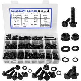 Hakkin 244pcs M6-1.0 M8-1.25 Flanged Hex Head Bolts, M6 Bolt M8 x 1.25 Bolt Metric Flange Hex Screws Nuts Washers, Alloy Steel Black Zinc Plated Flange Hex Bolts and Nuts Kit, Fully Threaded