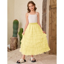 COZYPOIN Girls Tulle Skirts Elastic High Waisted A Line Layered Ruffles Mesh Long Tiered Tutu Skirt Party Outfit 5-14Y Yellow