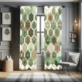 Ambesonne Sage Green Window Curtains, Hexagon Honeycomb Pattern with Abstract Trippy Ornaments Jade Tones, Lightweight Decorative 2-Panel Set & Rod Pocket, Pair of - 28" x 95", Eggshell Caramel Teal
