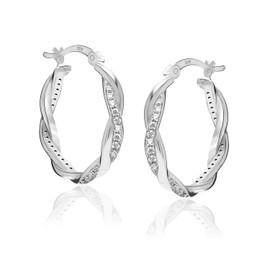 Charmsy 925 Sterling Silver Hoop Earrings for Women | Twisted Hoops Earrings with Cubic Zirconia 22MM