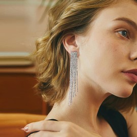 mecresh Silver Bridal Crystal Long Tassel Wedding Earrings for women brides bridesmaid