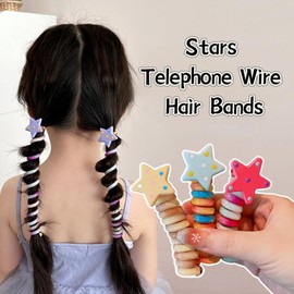 shishiruyizhong 4Pcs Colorful Stars Telephone Wire Hair Bands for Kids,Telephone Wire Hair Bands Elastic Braided Telephone Cord Ponytail Holders Hair Accessories for Girls
