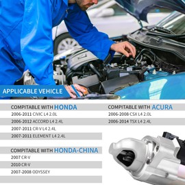 Starter Motor Replacement Compatible with CR-V 2007-2011, Element 2007-2011,12V 1.6KW 9-Teeth Clockwise, Acura TSX 2006-2014,2.0L 2.4L, Honda Accord 2006-2012, 31200-RAA-A61 Replacement