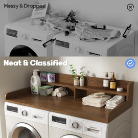 BigPonPon 2-Tier Washer and Dryer Countertop with 2.75" H Guard,54" W x 27.5" D Laundry Countertop Cover with Non-Slip Pad,Large Space Laundry Topper for Folding Clothes Over Washer and Dryer-Brown