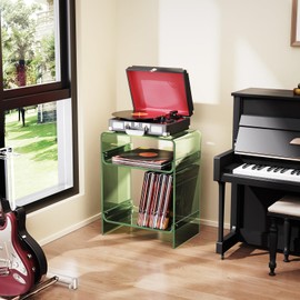 Acrylic Record Player Table with Storage Shelf, Clear Side Table Nightstand (Green)