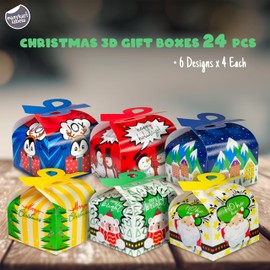easykart labels 24 Pcs Christmas Gift Boxes with Bow 3D Xmas Holiday Boxes Santa Cardboard Treat Gift Boxes for Kids Christmas Party Favors Supplies, 6 x 6 x 3.5 Inches, 6 Styles
