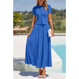 PRETTYGARDEN Women's 2 Piece Skirt Sets Summer Short Sleeve Button Up Knit Crop Top Flowy Maxi Skirts Travel Vacation Outfits (Blue,L)